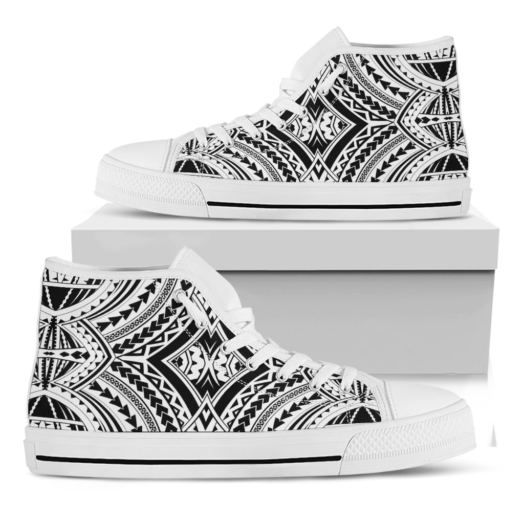 Maori Tribal Polynesian Tattoo Print White High Top Shoes