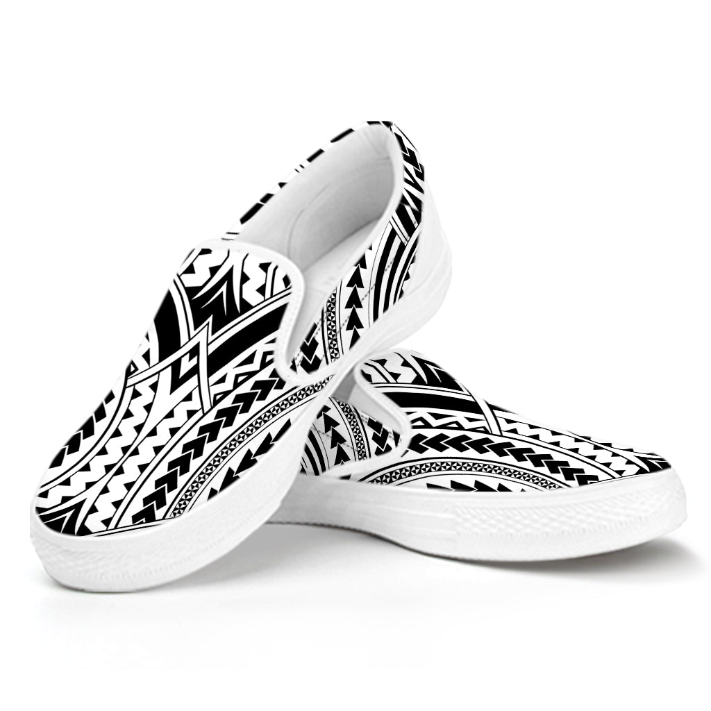 Maori Tribal Polynesian Tattoo Print White Slip On Shoes