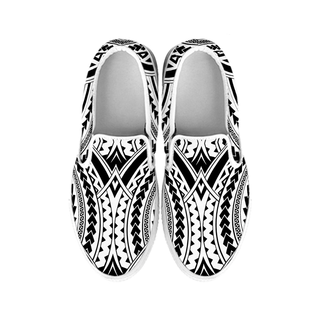 Maori Tribal Polynesian Tattoo Print White Slip On Shoes