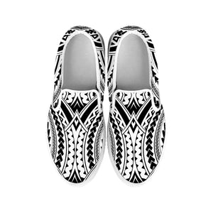 Maori Tribal Polynesian Tattoo Print White Slip On Shoes