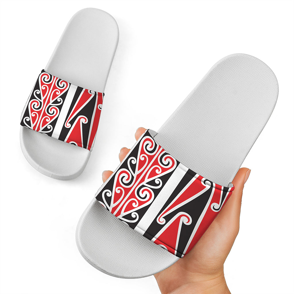Maori Tribal Print White Slide Sandals