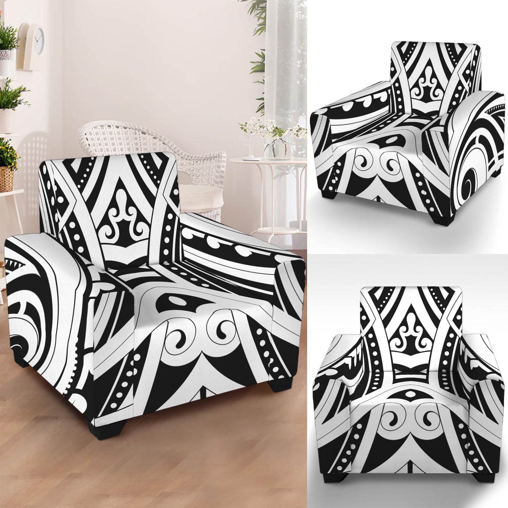 Maori Tribal Tattoo Pattern Print Armchair Slipcover