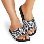 Maori Tribal Tattoo Pattern Print Black Slide Sandals