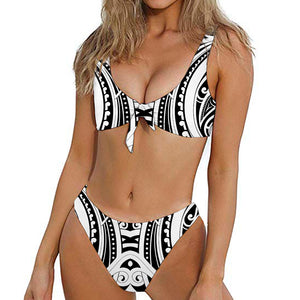 Maori Tribal Tattoo Pattern Print Front Bow Tie Bikini