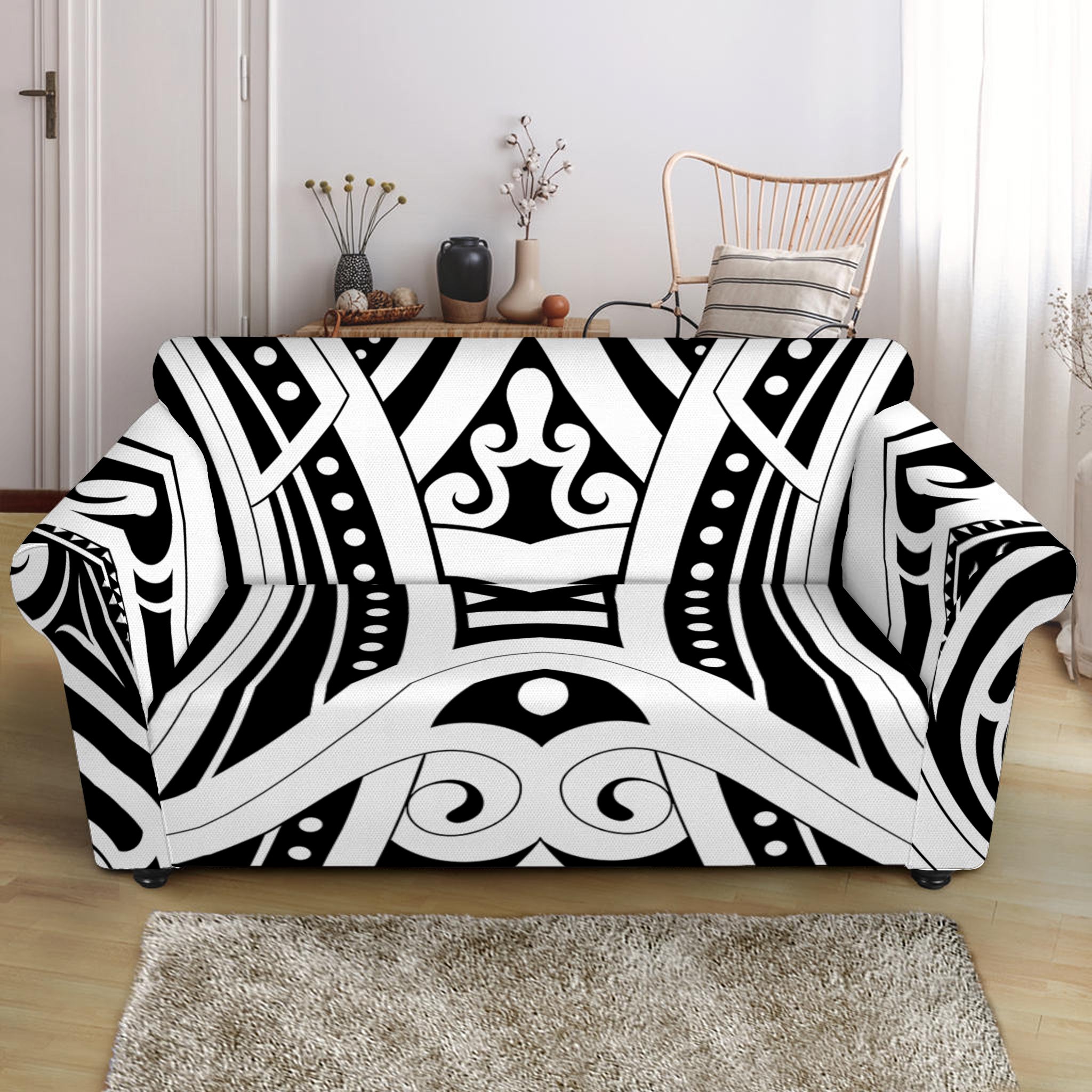 Maori Tribal Tattoo Pattern Print Loveseat Slipcover