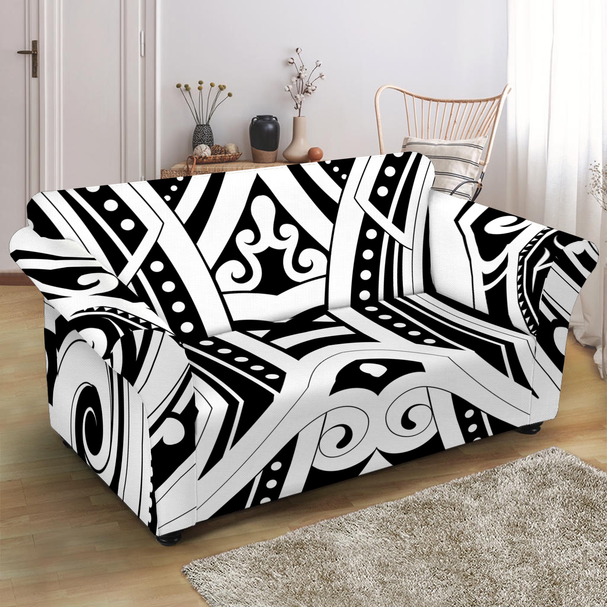 Maori Tribal Tattoo Pattern Print Loveseat Slipcover