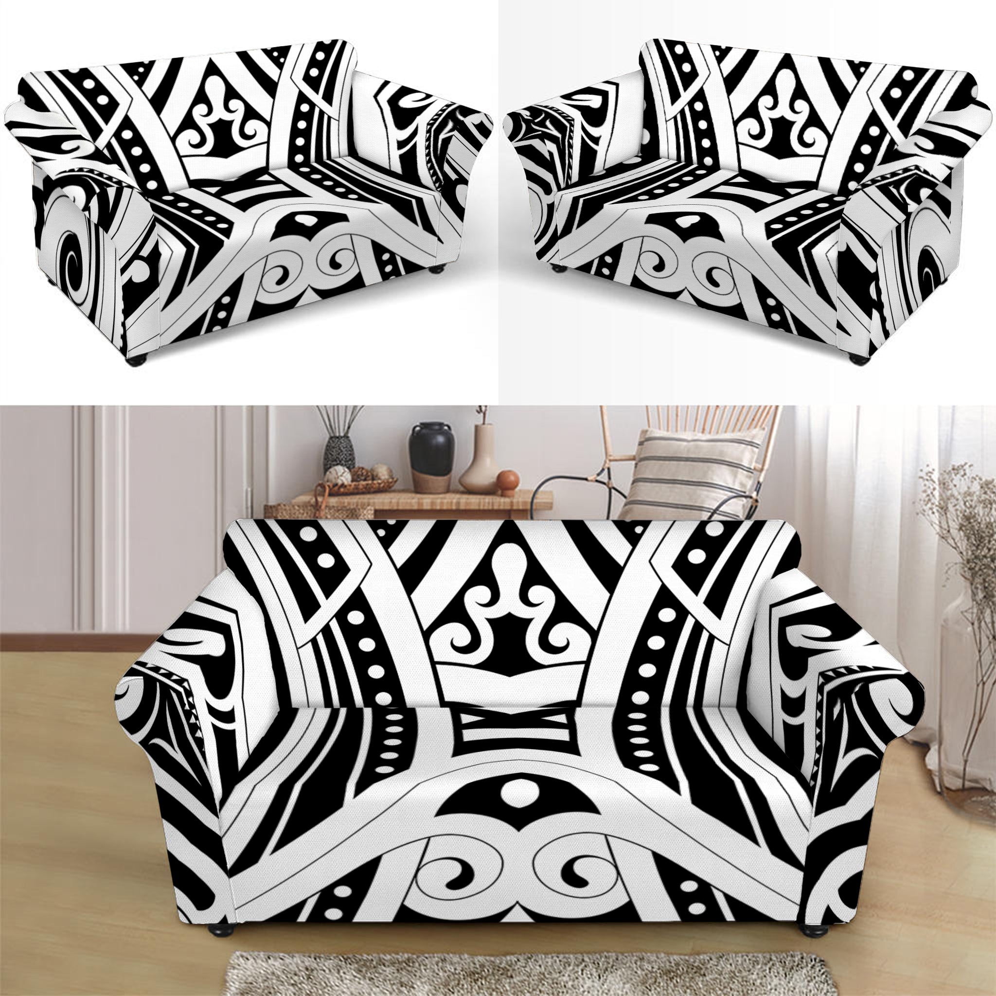 Maori Tribal Tattoo Pattern Print Loveseat Slipcover