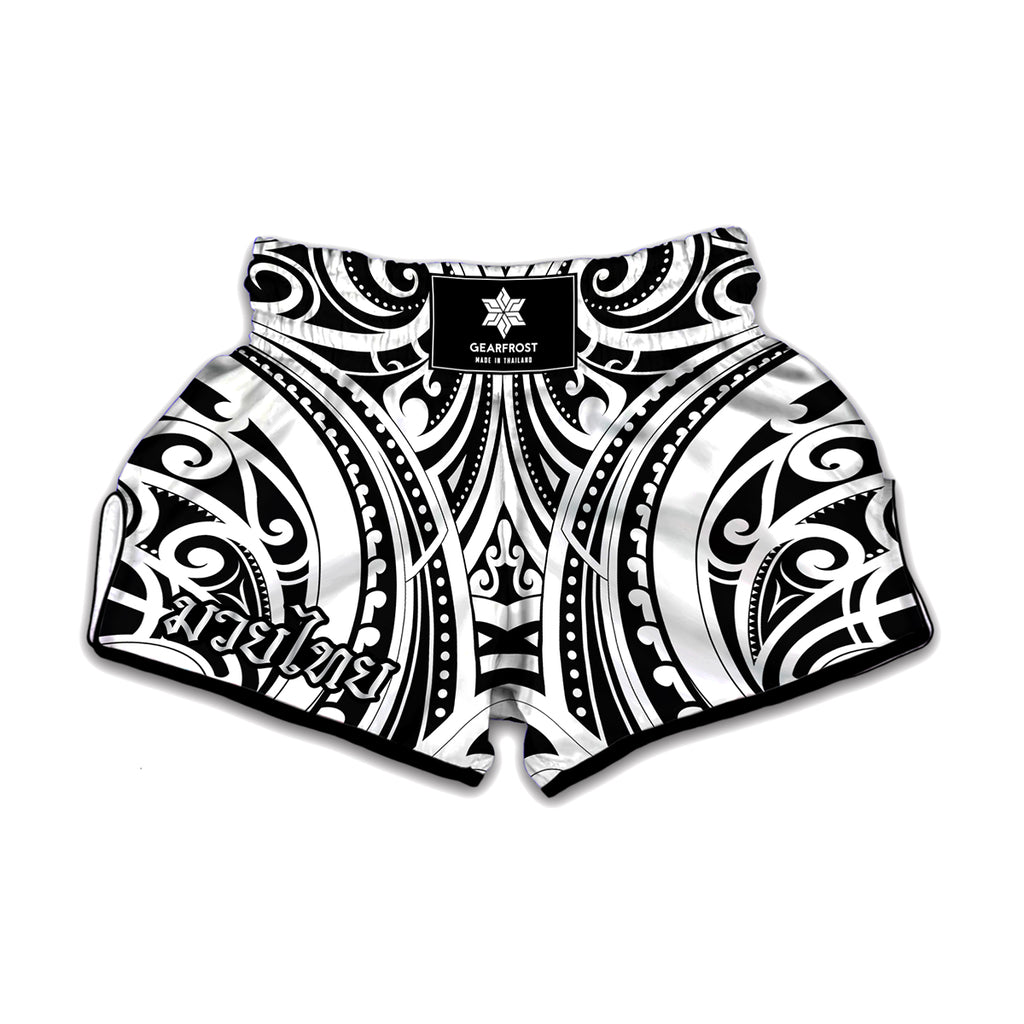 Maori Tribal Tattoo Pattern Print Muay Thai Boxing Shorts