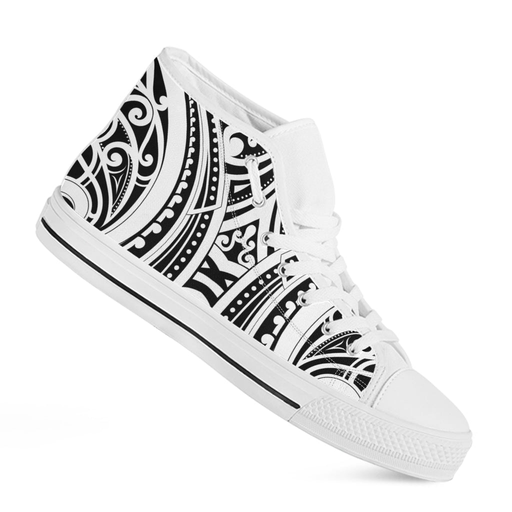 Maori Tribal Tattoo Pattern Print White High Top Shoes