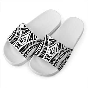 Maori Tribal Tattoo Pattern Print White Slide Sandals