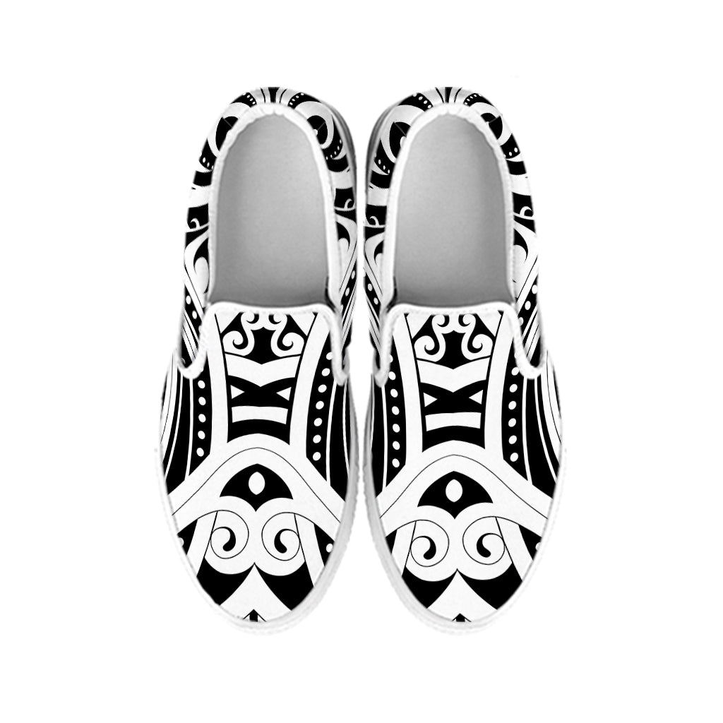 Maori Tribal Tattoo Pattern Print White Slip On Shoes