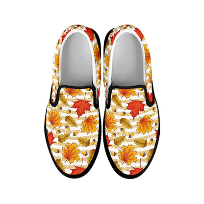 Maple And Oak Pattern Print Black Slip On Shoes