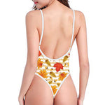 Maple And Oak Pattern Print One Piece High Cut Swimsuit