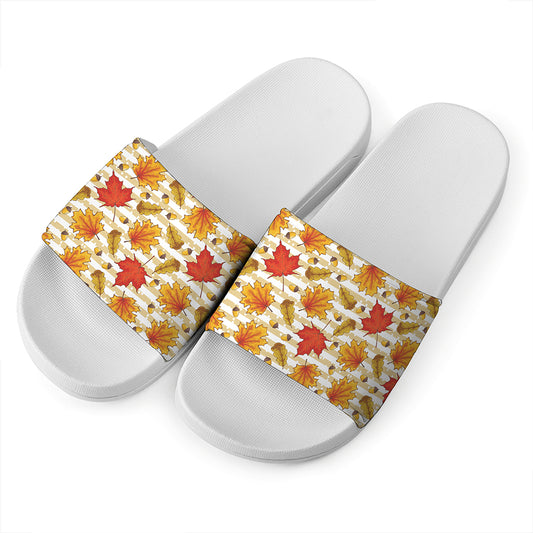 Maple And Oak Pattern Print White Slide Sandals