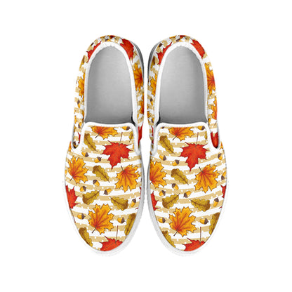 Maple And Oak Pattern Print White Slip On Shoes