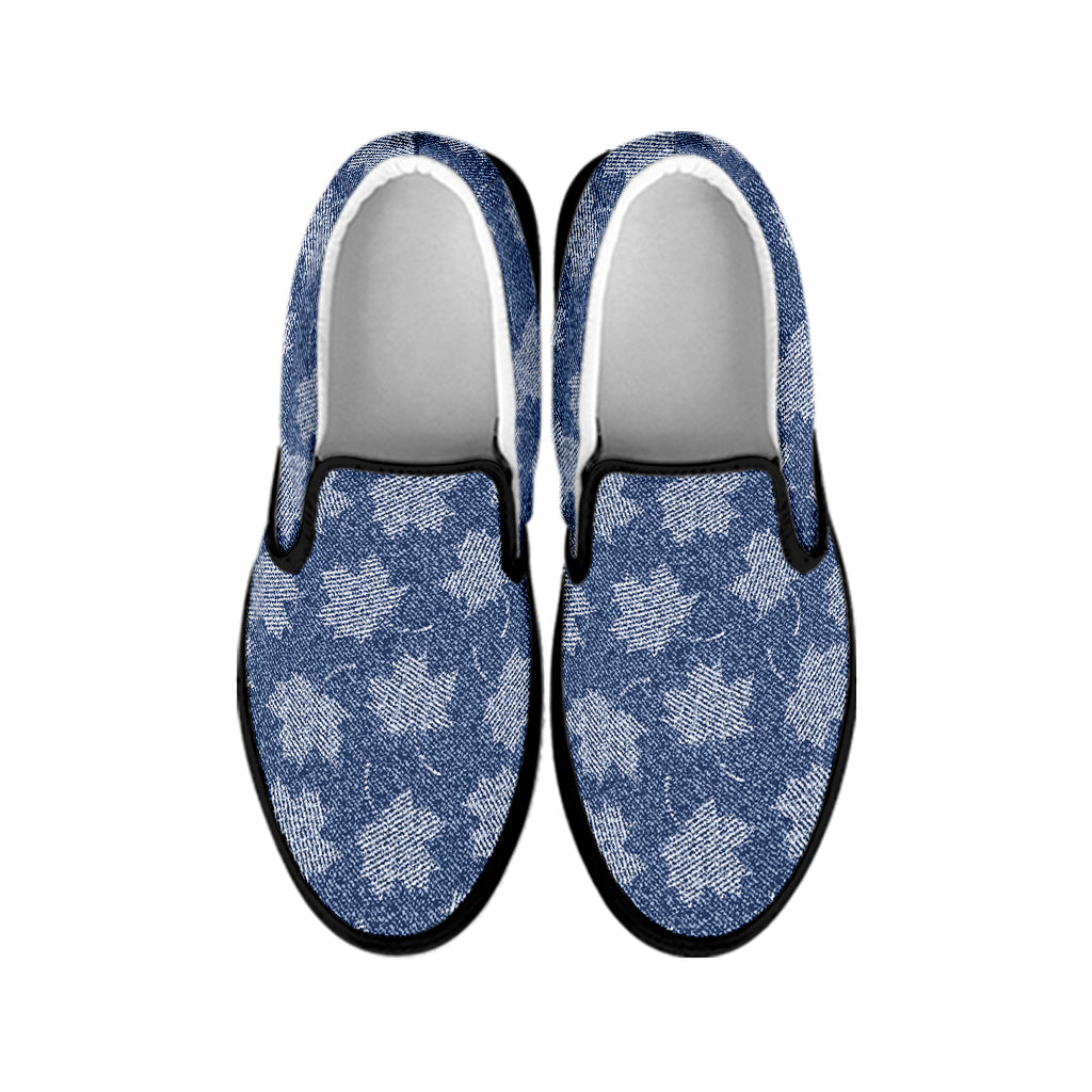 Maple Leaf Denim Jeans Pattern Print Black Slip On Shoes