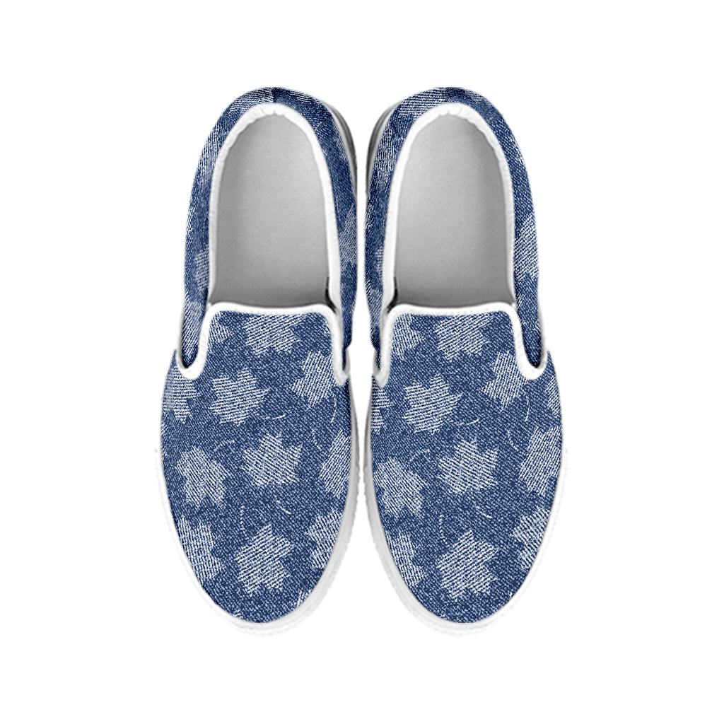 Maple Leaf Denim Jeans Pattern Print White Slip On Shoes