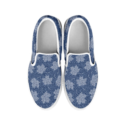 Maple Leaf Denim Jeans Pattern Print White Slip On Shoes