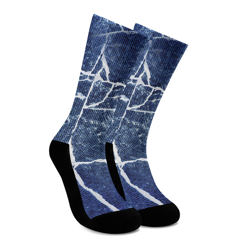 Marble Denim Jeans Pattern Print Crew Socks