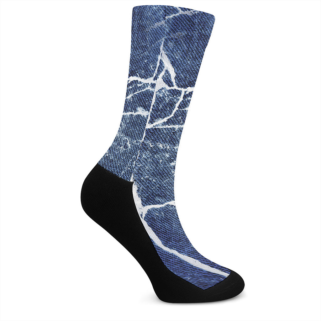 Marble Denim Jeans Pattern Print Crew Socks