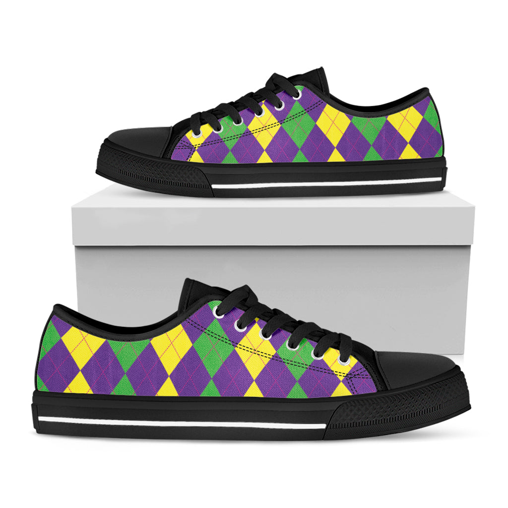 Mardi Gras Argyle Pattern Print Black Low Top Shoes