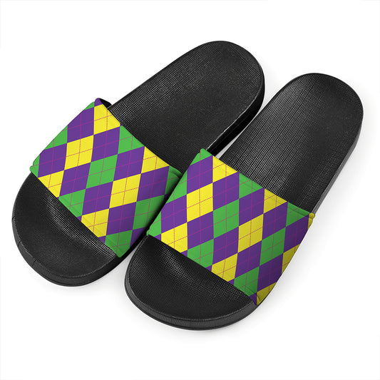 Mardi Gras Argyle Pattern Print Black Slide Sandals