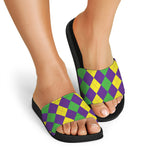 Mardi Gras Argyle Pattern Print Black Slide Sandals