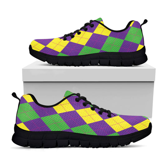 Mardi Gras Argyle Pattern Print Black Sneakers
