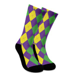 Mardi Gras Argyle Pattern Print Crew Socks