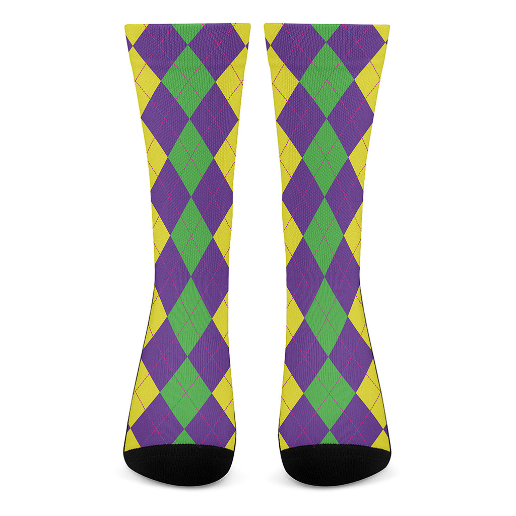 Mardi Gras Argyle Pattern Print Crew Socks