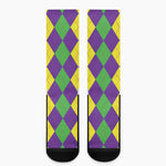 Mardi Gras Argyle Pattern Print Crew Socks