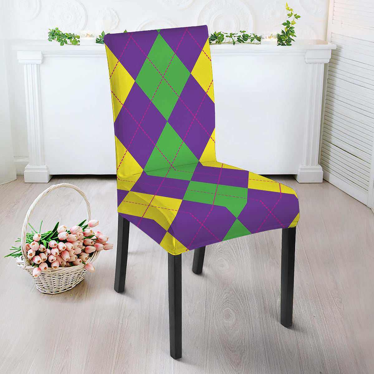 Mardi Gras Argyle Pattern Print Dining Chair Slipcover