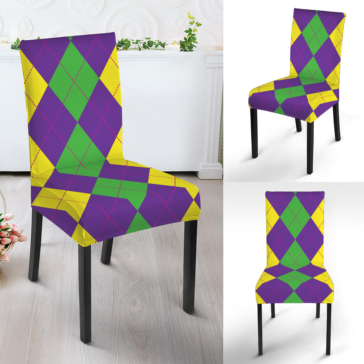 Mardi Gras Argyle Pattern Print Dining Chair Slipcover