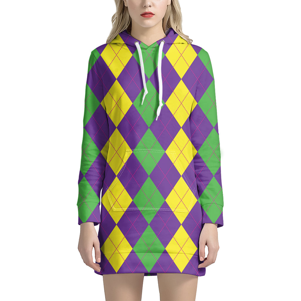 Mardi Gras Argyle Pattern Print Hoodie Dress