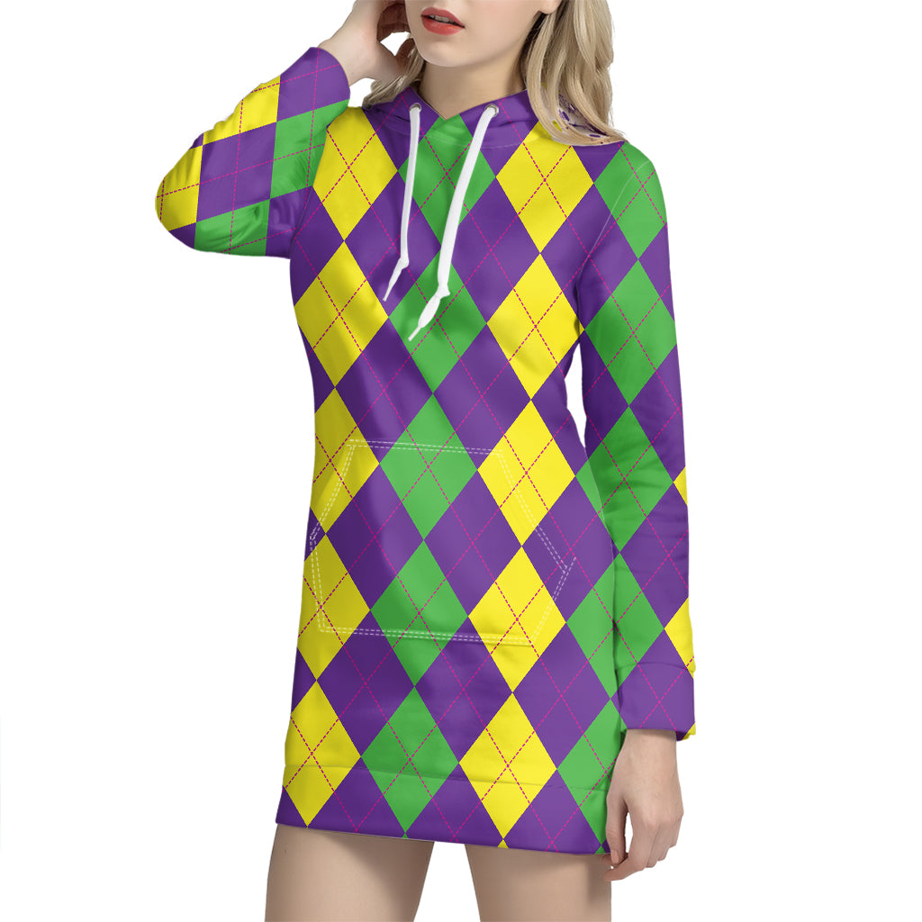 Mardi Gras Argyle Pattern Print Hoodie Dress