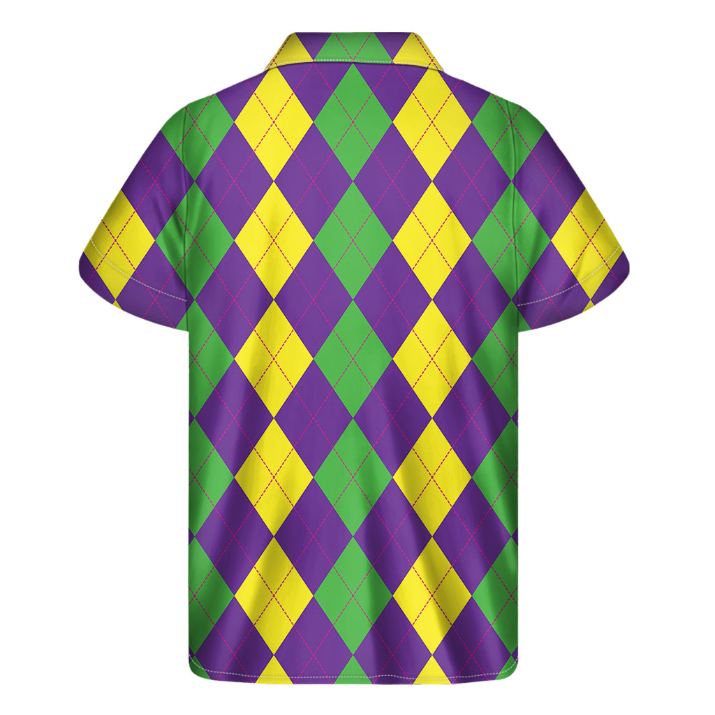 Mardi Gras Argyle Pattern Print Men's Short Sleeve Shirt