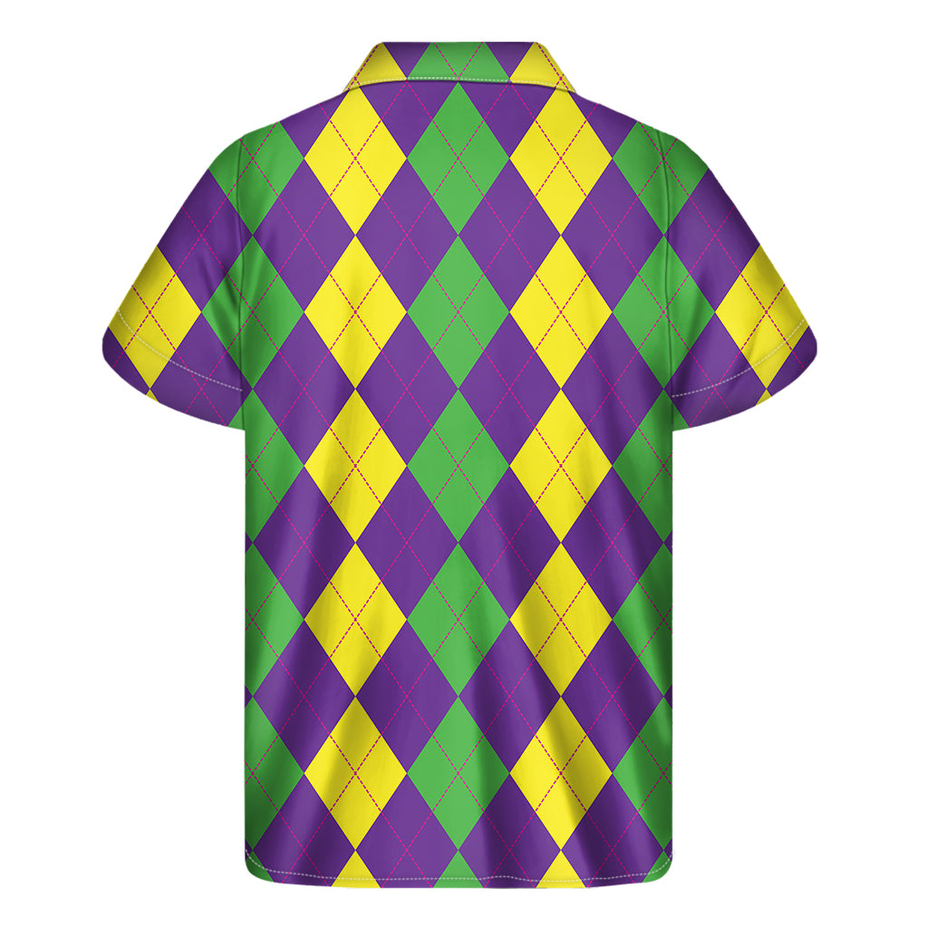 Mardi Gras Argyle Pattern Print Men's Short Sleeve Shirt