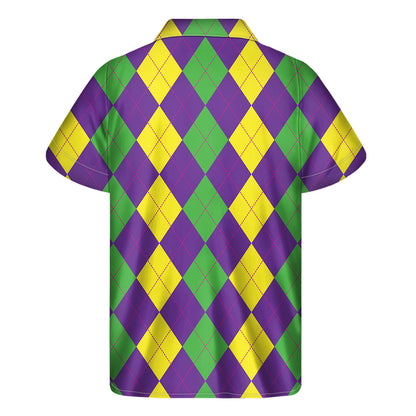Mardi Gras Argyle Pattern Print Men's Short Sleeve Shirt