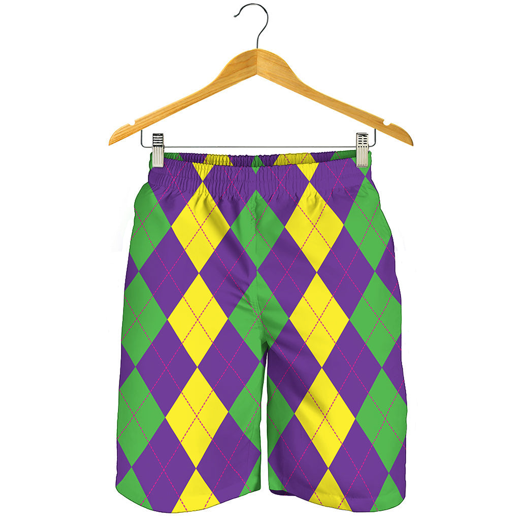 Mardi Gras Argyle Pattern Print Men's Shorts