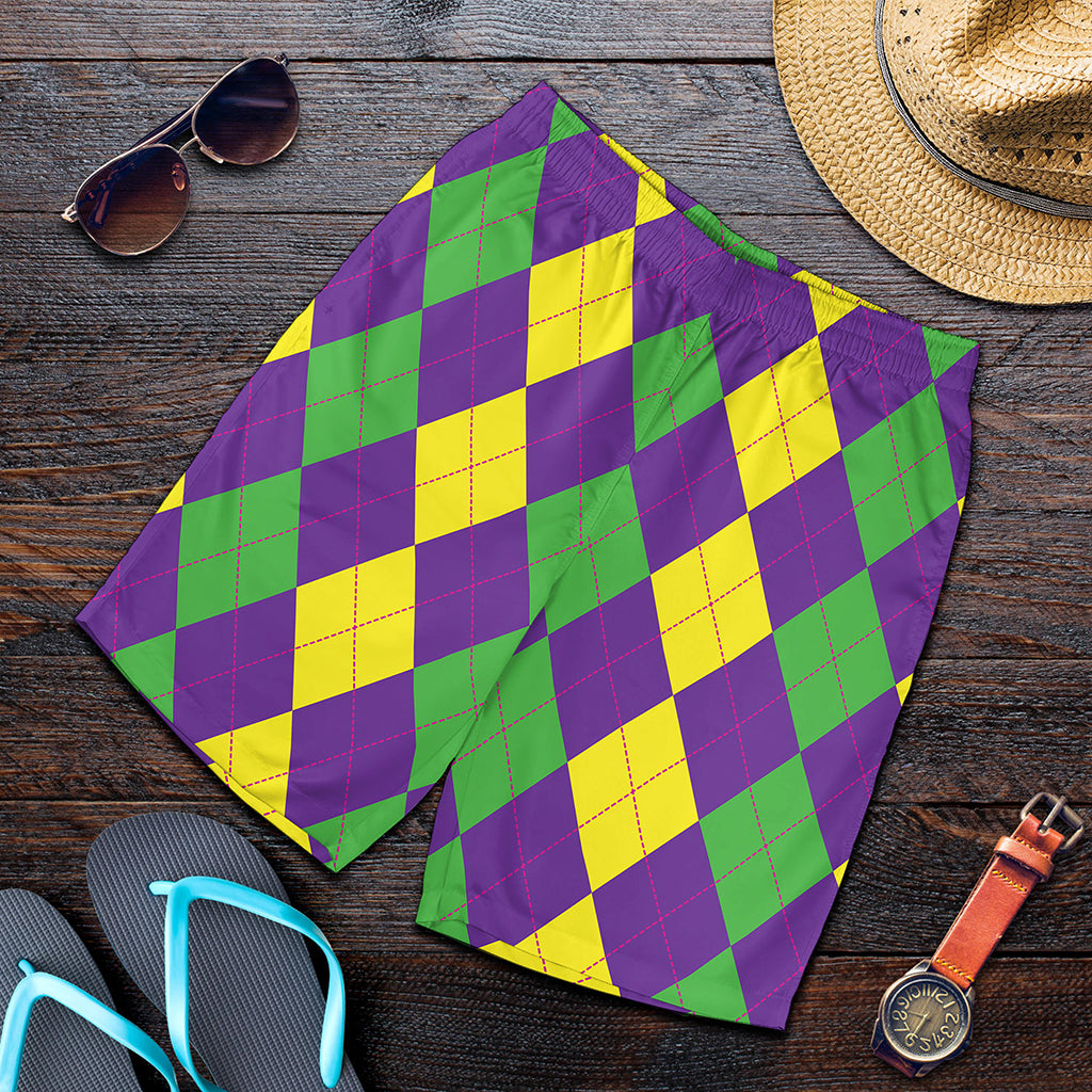 Mardi Gras Argyle Pattern Print Men's Shorts