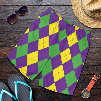 Mardi Gras Argyle Pattern Print Men's Shorts