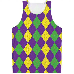 Mardi Gras Argyle Pattern Print Men's Tank Top