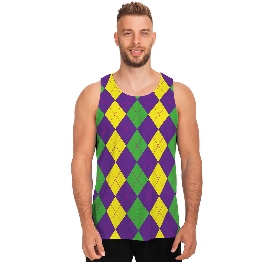 Mardi Gras Argyle Pattern Print Men's Tank Top