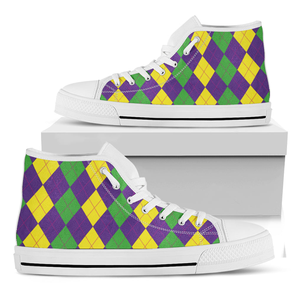 Mardi Gras Argyle Pattern Print White High Top Shoes