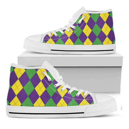 Mardi Gras Argyle Pattern Print White High Top Shoes