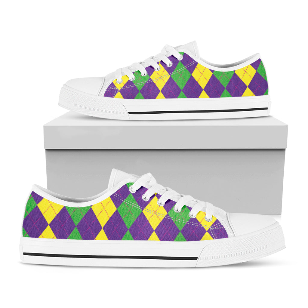 Mardi Gras Argyle Pattern Print White Low Top Shoes