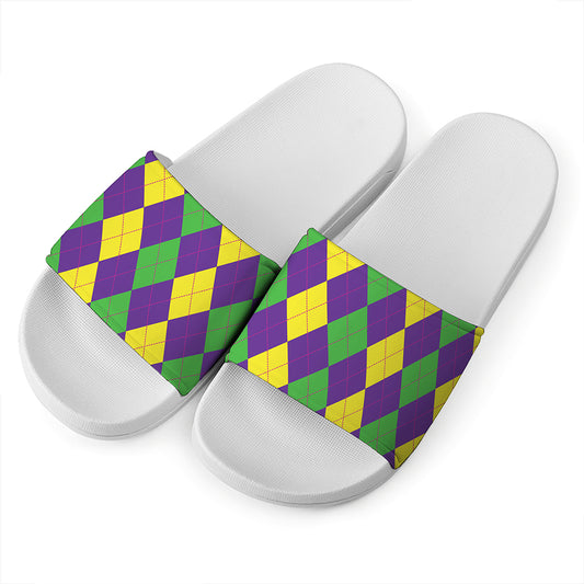 Mardi Gras Argyle Pattern Print White Slide Sandals