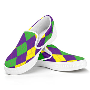 Mardi Gras Argyle Pattern Print White Slip On Shoes