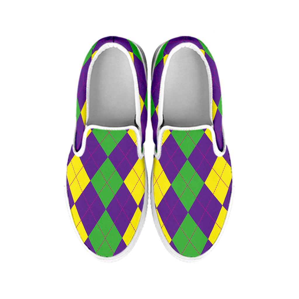 Mardi Gras Argyle Pattern Print White Slip On Shoes