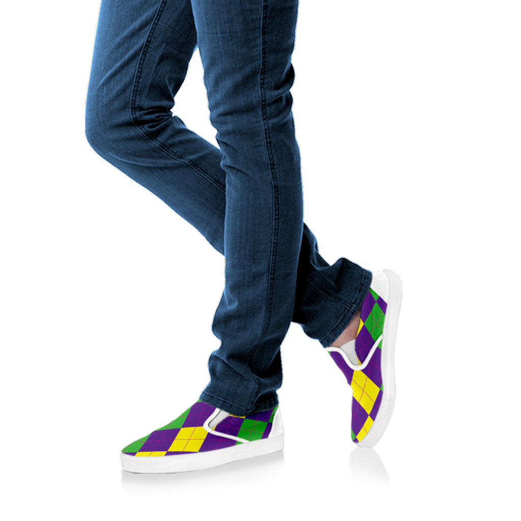 Mardi Gras Argyle Pattern Print White Slip On Shoes